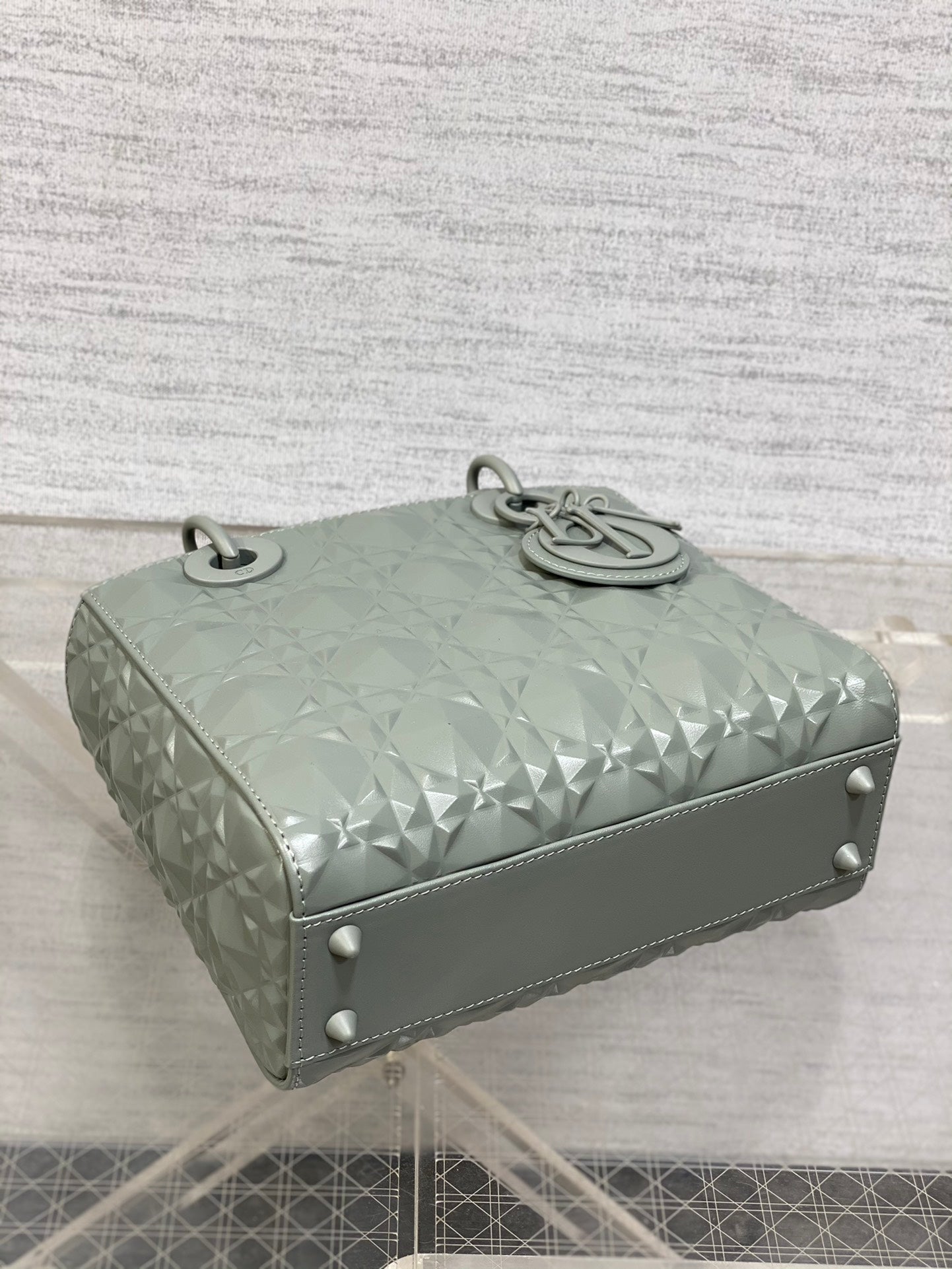 DO Mini Lady Bag Stone Gray Diamond Pattern Calfskin
