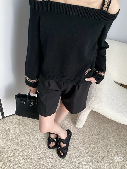 Chan NEW Chain-link openwork off-shoulder cashmere sweater