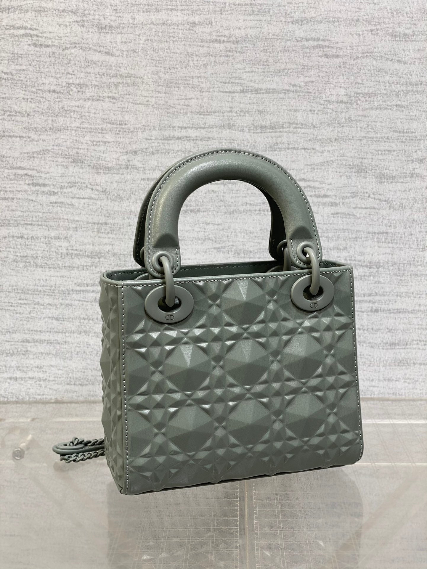 DO Mini Lady Bag  Stone Gray Diamond Pattern Calfskin