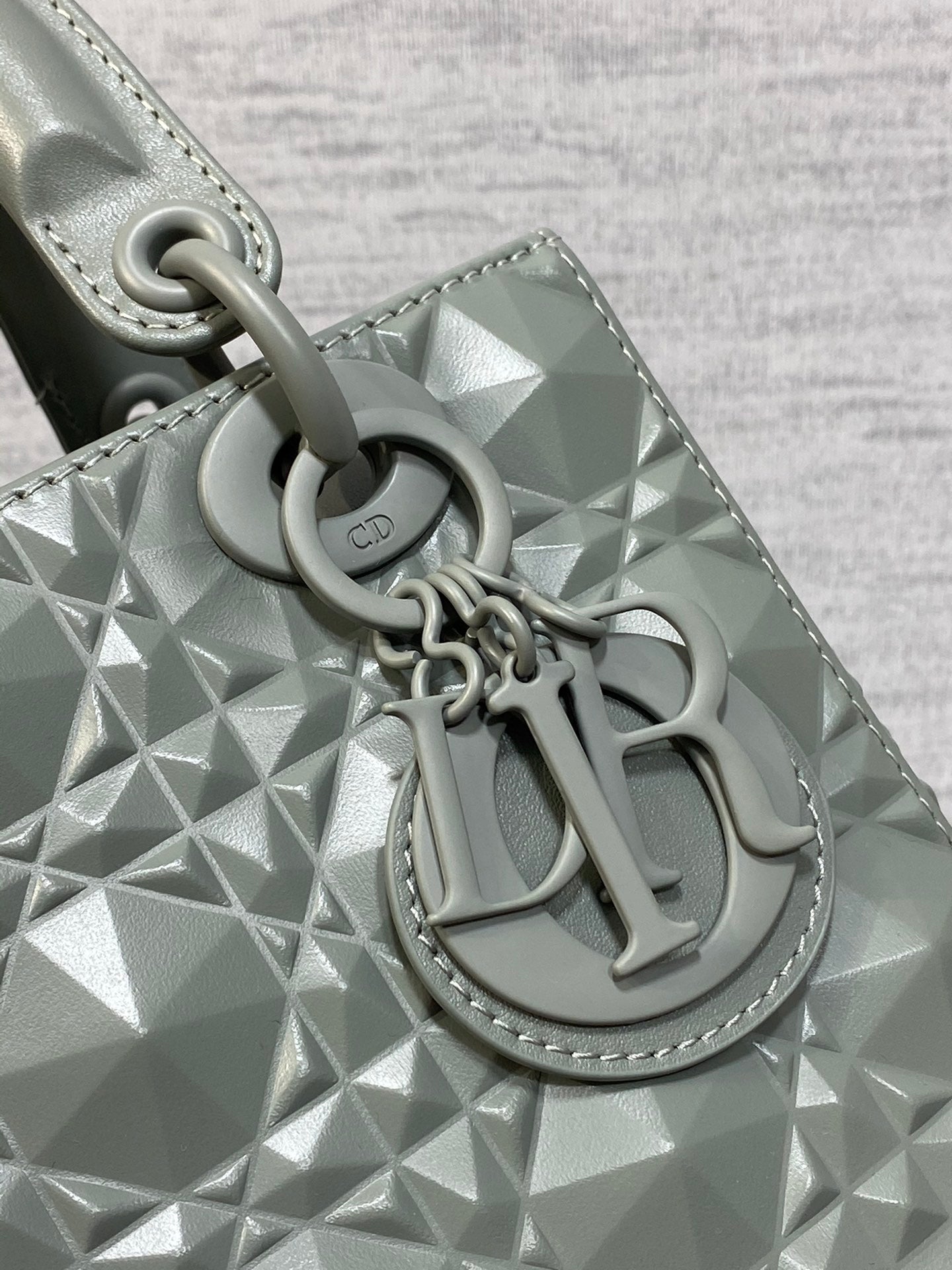 DO Mini Lady Bag  Stone Gray Diamond Pattern Calfskin
