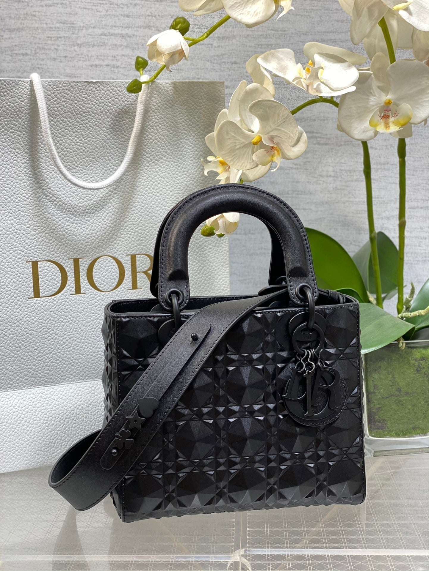 DO  Mini Lady Bag  Matte Black Diamond Pattern Calfskin