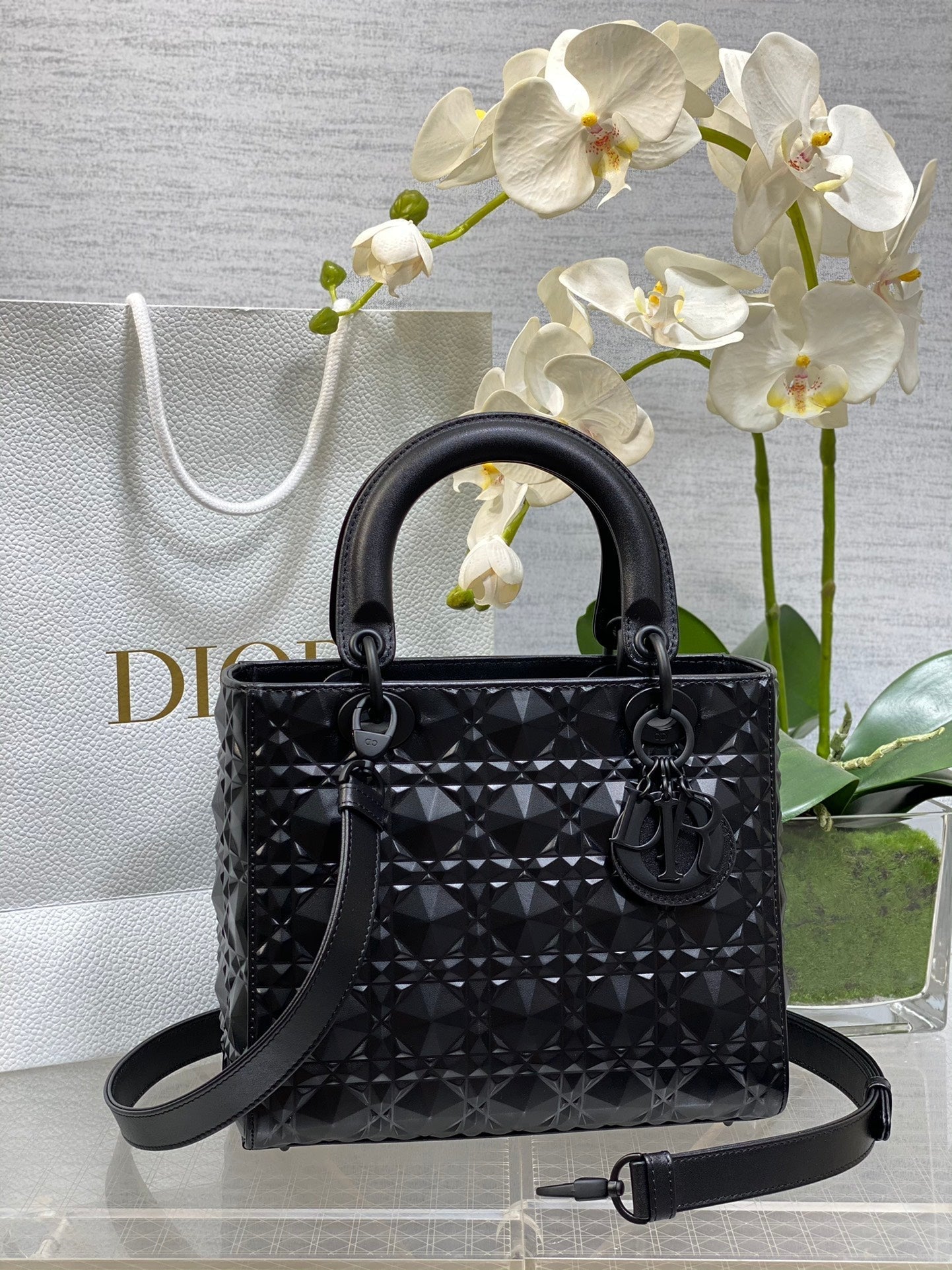 DO  Mini Lady Bag  Matte Black Diamond Pattern Calfskin