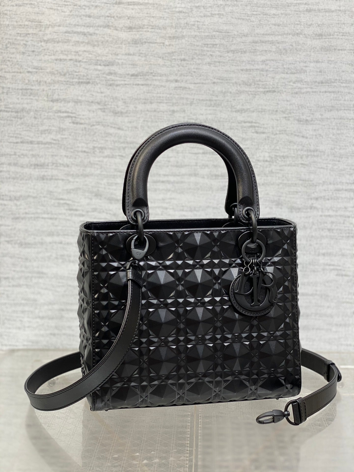 DO  Mini Lady Bag  Matte Black Diamond Pattern Calfskin
