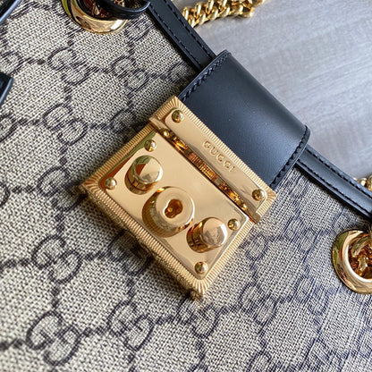 GC Padlock small shoulder bag Beige/ebony GG Supreme canvas, with brown leather detail