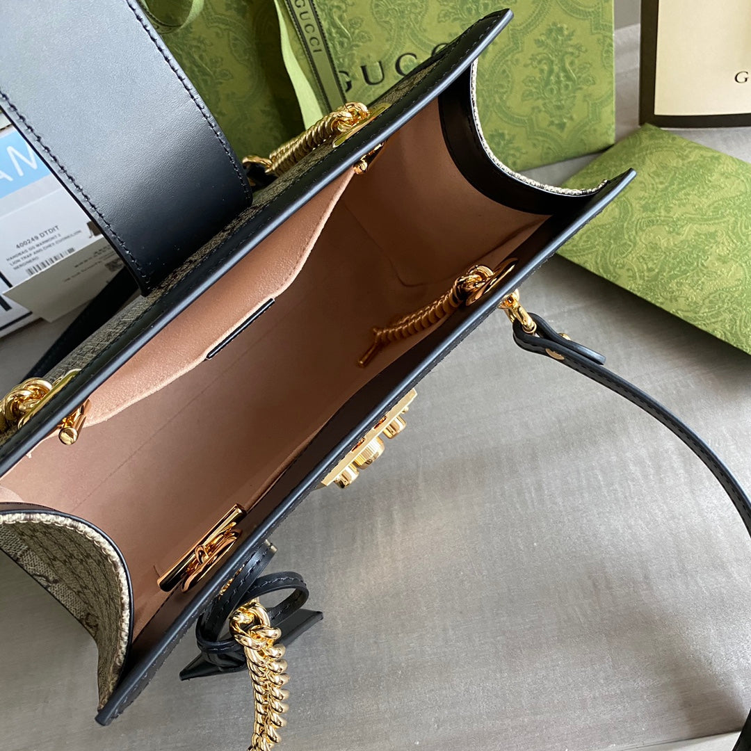 GC Padlock small shoulder bag Beige/ebony GG Supreme canvas, with brown leather detail