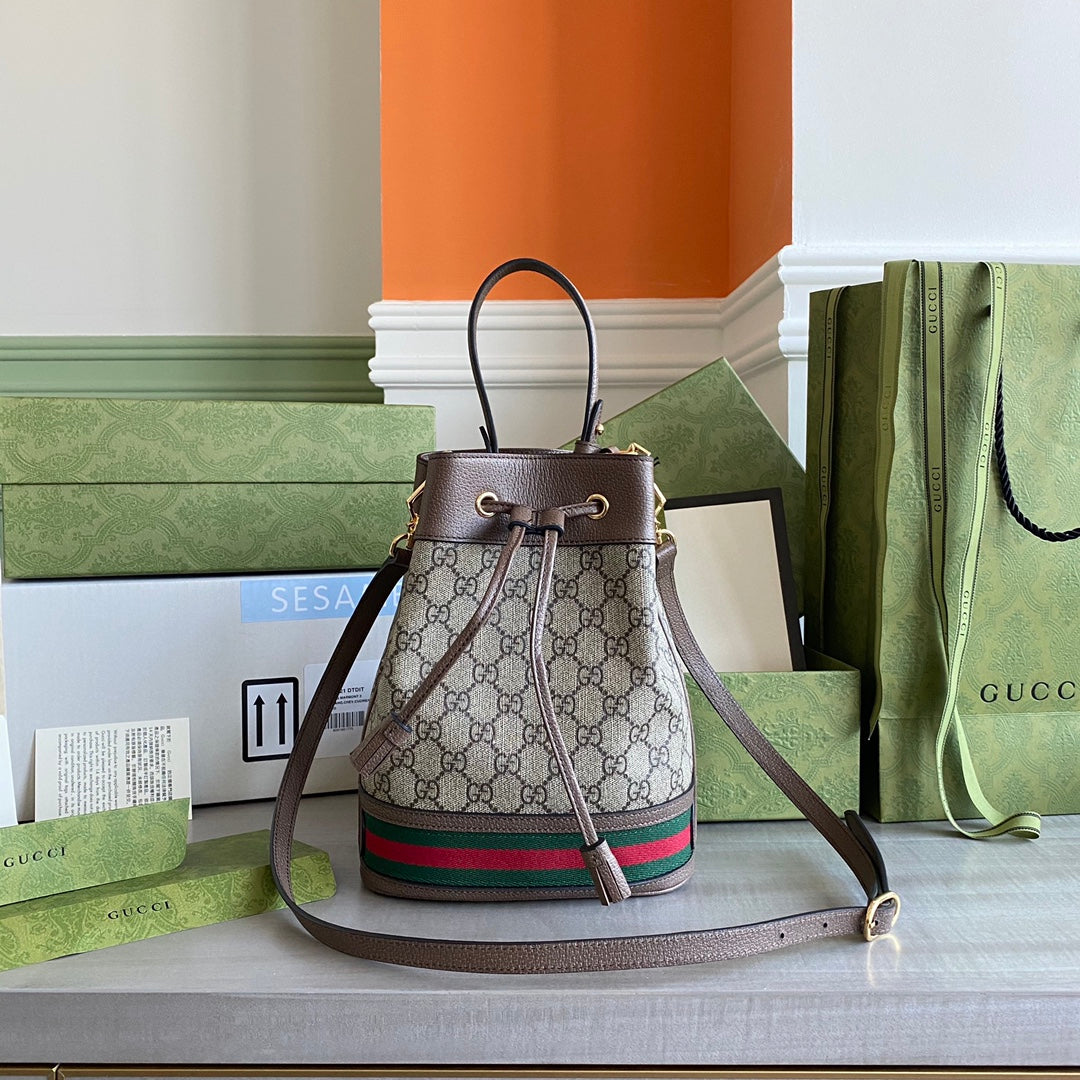 GC Ophidia small bucket bag Beige/ebony GG Supreme canvas