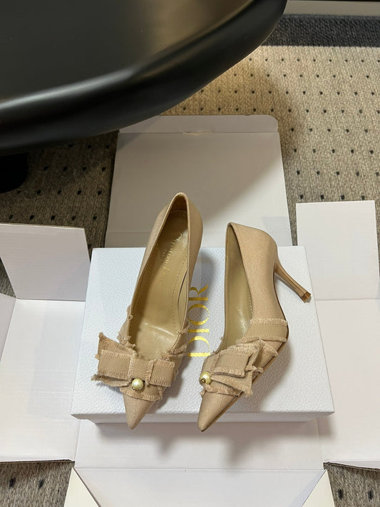 D* New Arrival Bow Pearl Kitten Heel Shoes