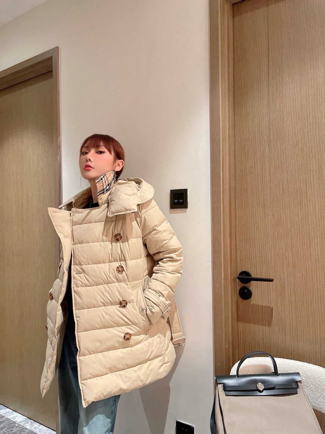 Bur New Short double-breasted hooded down jacket