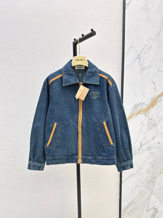 Miu New Leather patchwork denim jacket