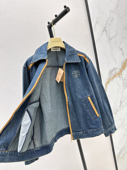 Miu New Leather patchwork denim jacket