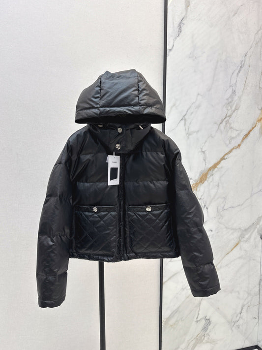 Chan New Patent leather hooded down jacket