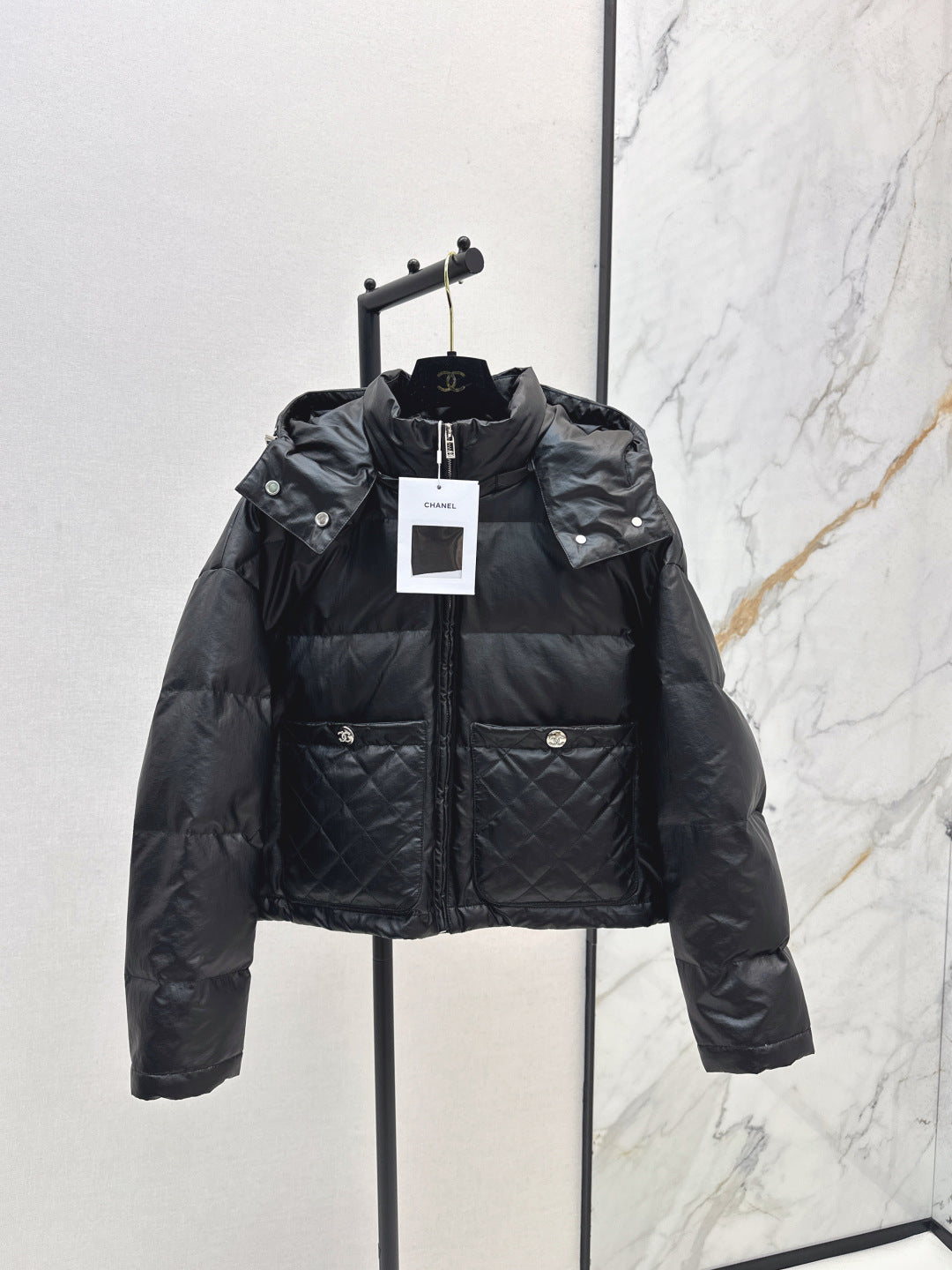 Chan New Patent leather hooded down jacket