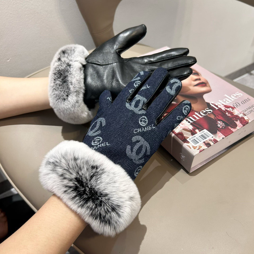 Chan New woolen denim and sheepskin gloves