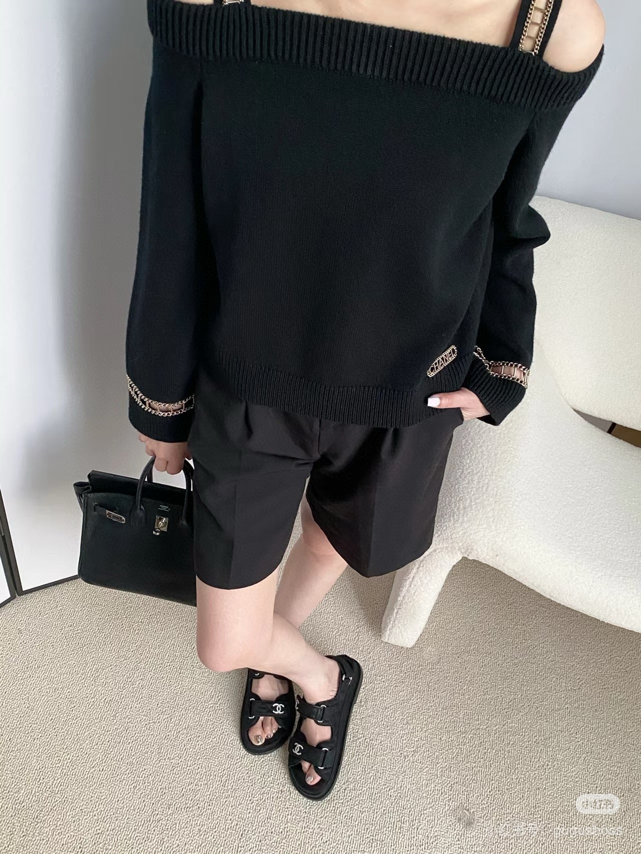 Chan NEW Chain-link openwork off-shoulder cashmere sweater