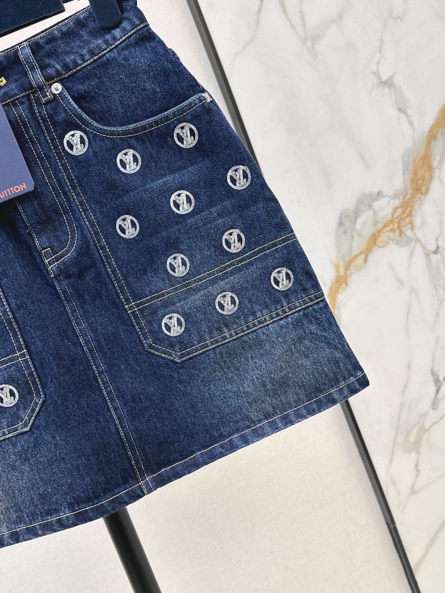 Louis NEW Gold Coin Sequin Denim Skirt