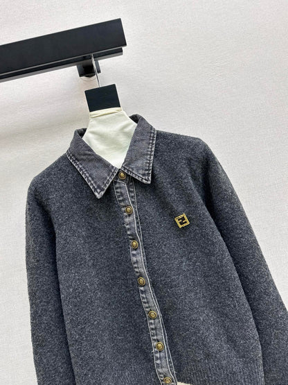 Fend NEW Denim patchwork polo sweater