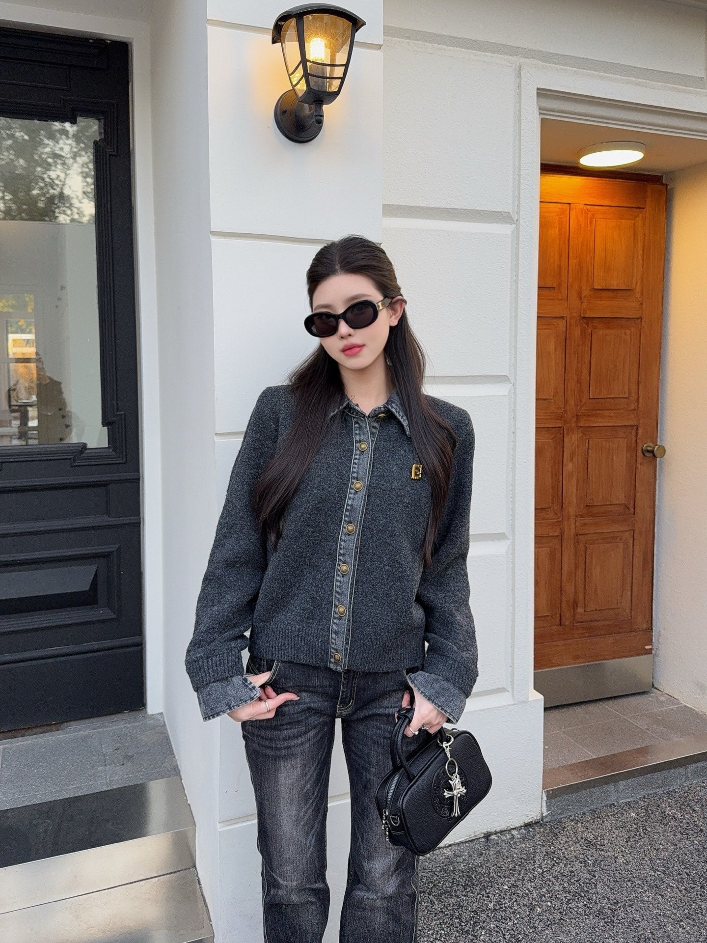 Fend NEW Denim patchwork polo sweater