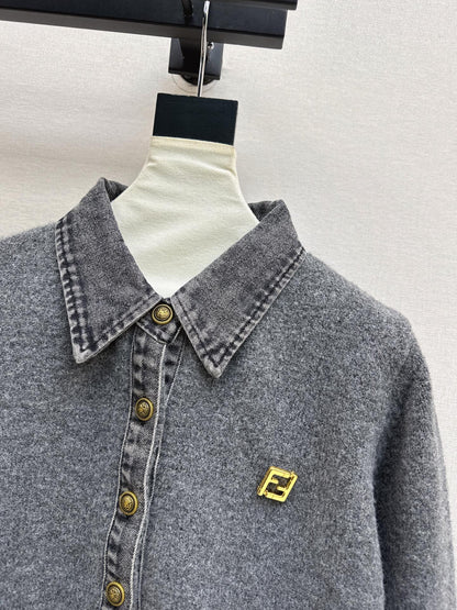 Fend NEW Denim patchwork polo sweater