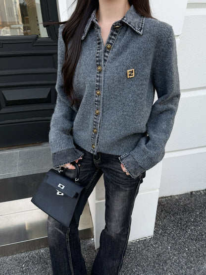 Fend NEW Denim patchwork polo sweater