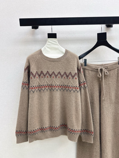 Loro NEW Knitted Fair Isle sweater  straight-leg pants suit