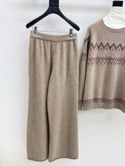 Loro NEW Knitted Fair Isle sweater  straight-leg pants suit