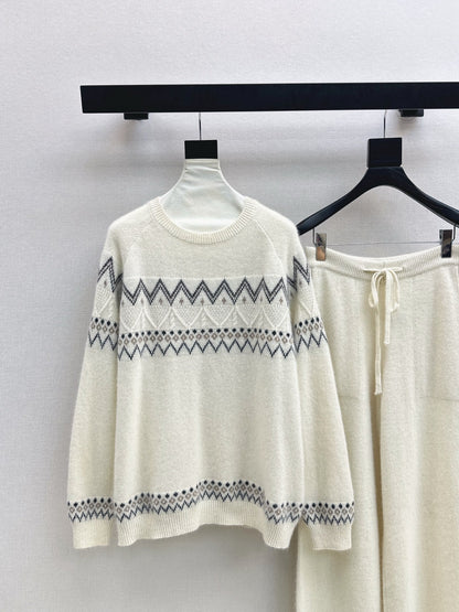 Loro NEW Knitted Fair Isle sweater  straight-leg pants suit