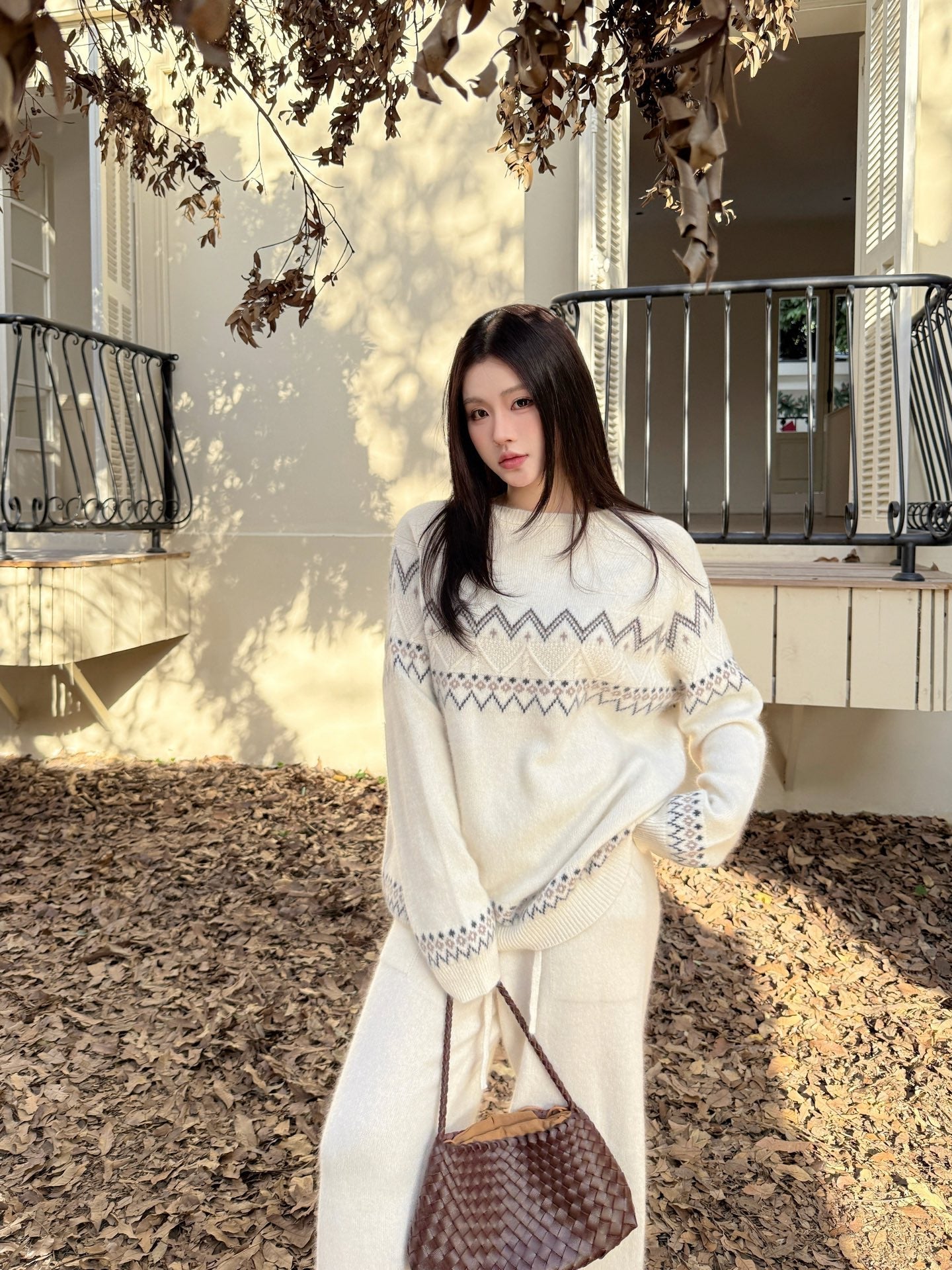 Loro NEW Knitted Fair Isle sweater  straight-leg pants suit