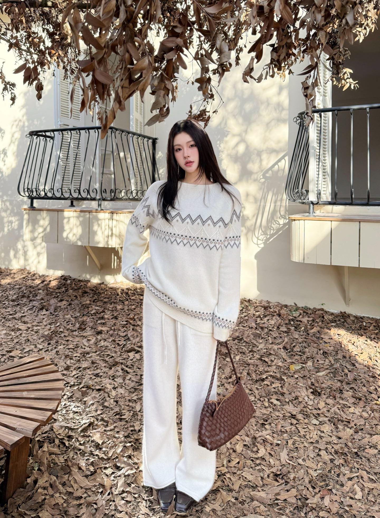 Loro NEW Knitted Fair Isle sweater  straight-leg pants suit