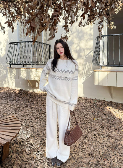 Loro NEW Knitted Fair Isle sweater  straight-leg pants suit
