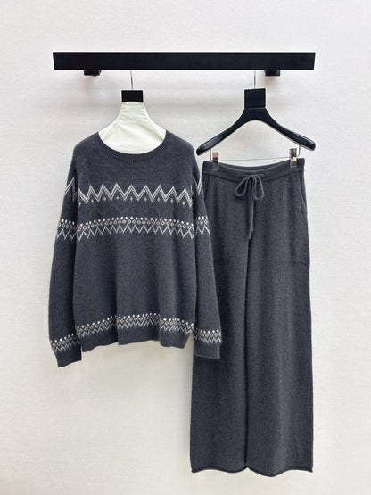 Loro NEW Knitted Fair Isle sweater  straight-leg pants suit