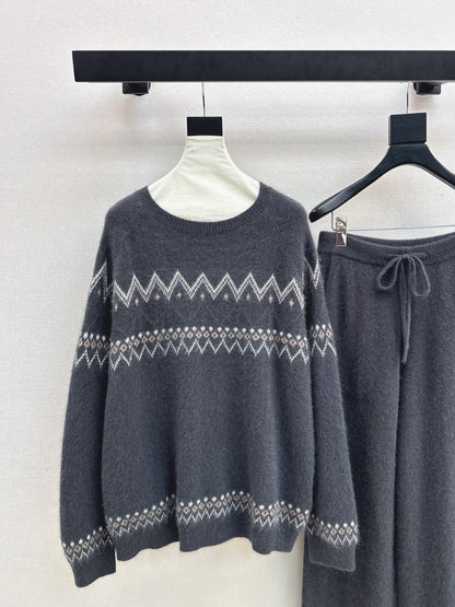 Loro NEW Knitted Fair Isle sweater  straight-leg pants suit