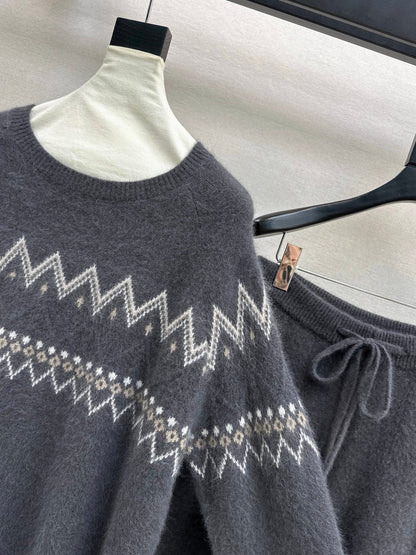 Loro NEW Knitted Fair Isle sweater  straight-leg pants suit