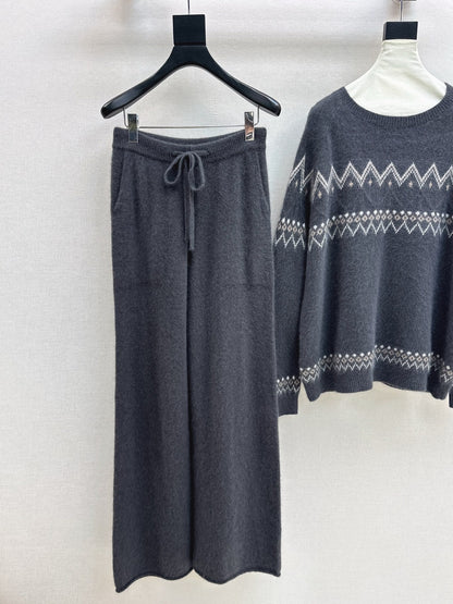 Loro NEW Knitted Fair Isle sweater  straight-leg pants suit