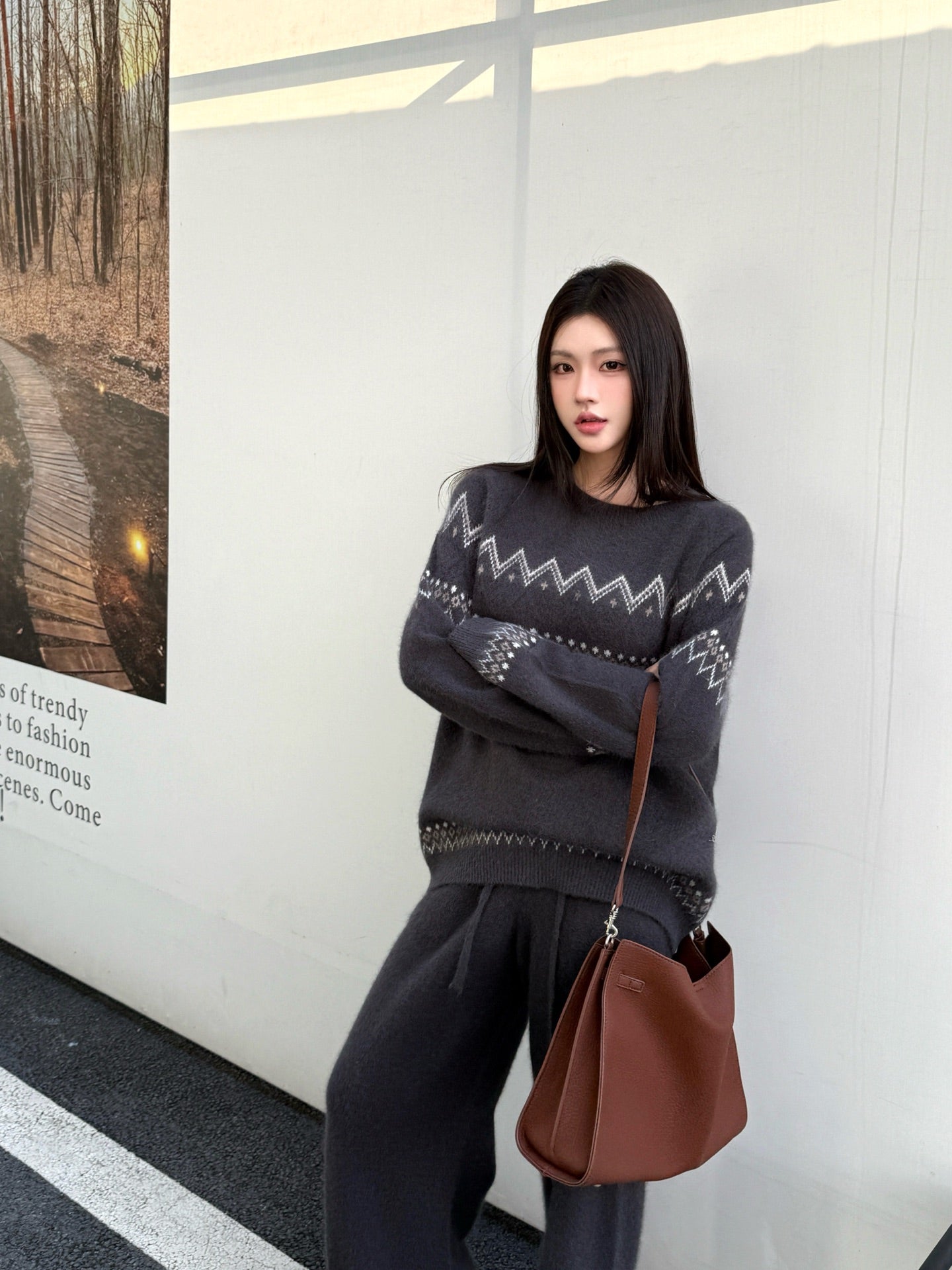 Loro NEW Knitted Fair Isle sweater  straight-leg pants suit