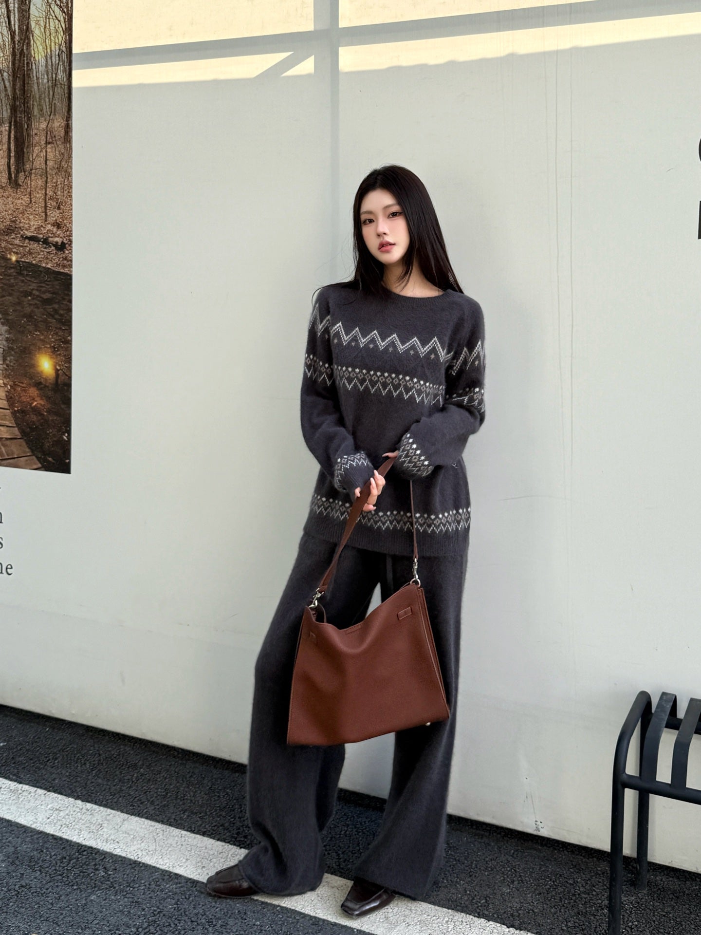 Loro NEW Knitted Fair Isle sweater  straight-leg pants suit