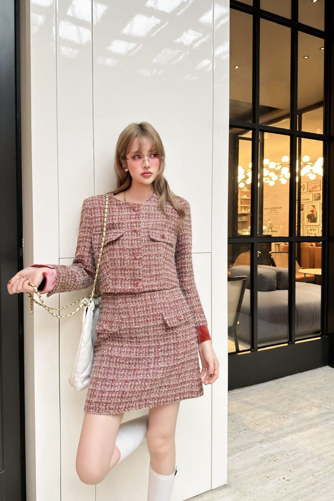 Chan NEW woven jacket A-lineskirts outfit sets